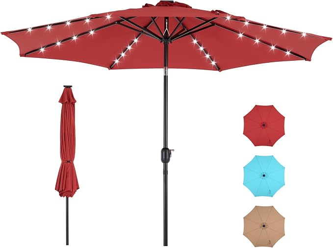 DUMOS Outdoor Solar Patio Umbrella 3 Tiers with 32 LED Lights, Beach Market Table Umbrella with Crank and 8 Sturdy Ribs for Pool, Terrace, Restaurant