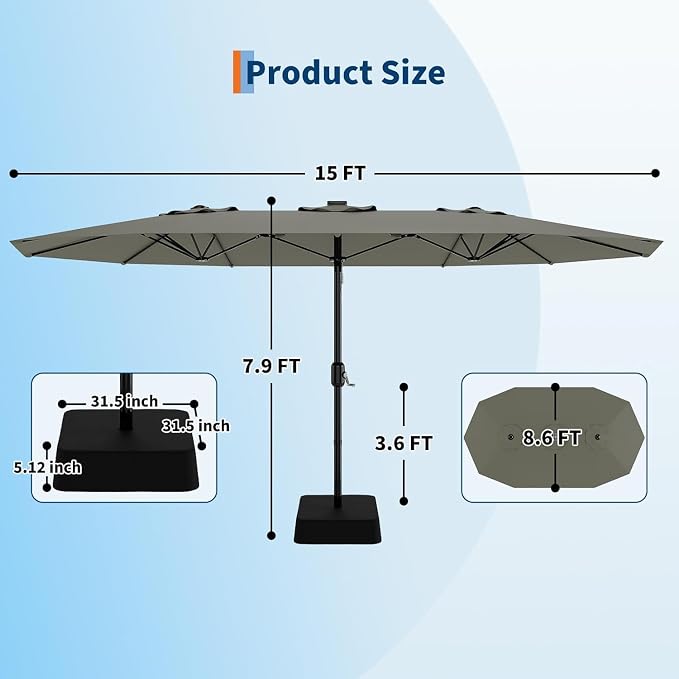 Garvee 15FT Rectangular Outdoor Umbrella Patio Umbrella with Base Included Large Market Umbrellas with Crank Handle UV Protection Table Umbrellas for Outdoor, Backyard, Deck, Poolside, Grey