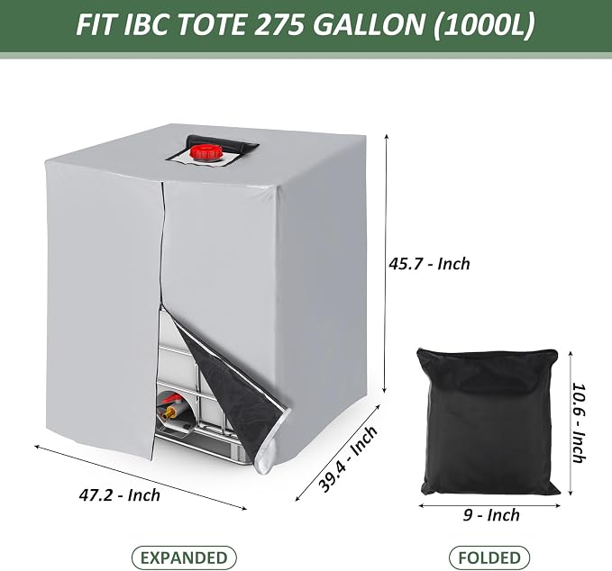 PATIKIL IBC Tote Cover 275 Gallon 420D Fabric Sunshade Waterproof Water Tank Protective Cover with Zipper for 1000L Outdoor Garden Water Ton Rain Barrel, Silver (120 * 116 * 100cm)
