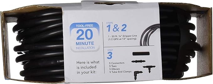 Raindrip R280DT Drip-A-Long1/4 in. Dripline Kit includes 50 feet of 1/4-Inch Dripline preassembled with 1/2 GPH drippers, 5 Barbed Tees, 5 Barbed Elbows, 5 Barbed Couplings, 5 End Plugs