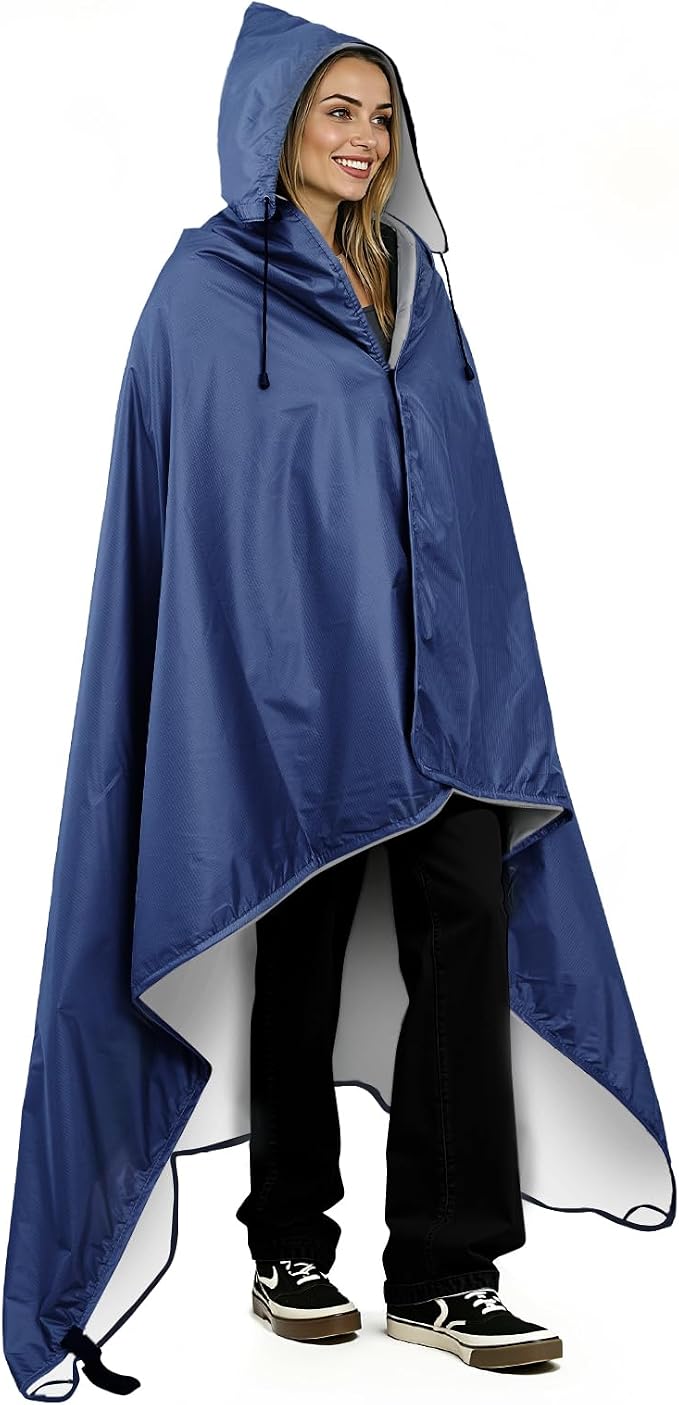 Large Waterproof Outdoor Picnic Blanket 80"x 58" | Windproof Lightweight Stadium Blanket, Packable, Stay Dry and Comfortable for Camping, Sports, Travel - Blue Hooded