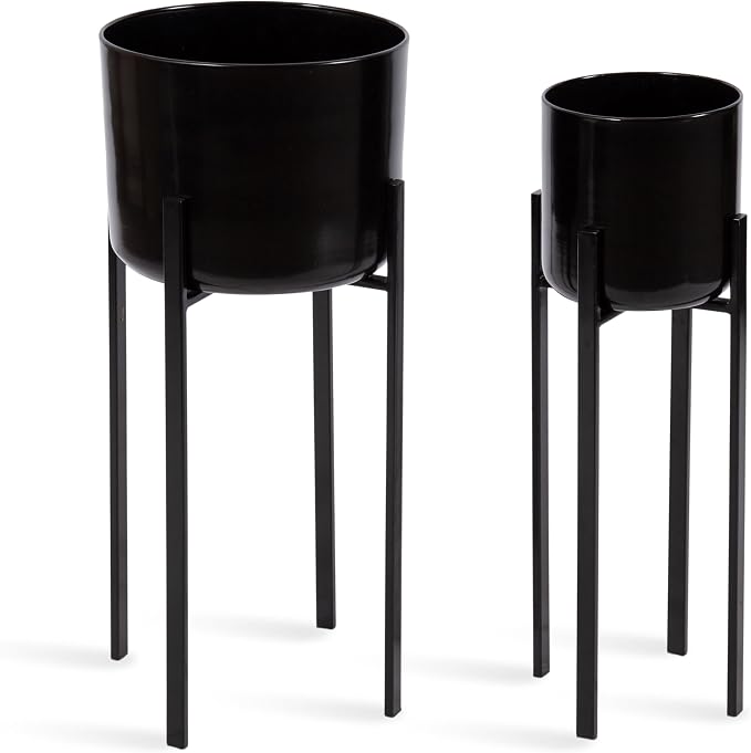 Kate and Laurel Gabi Decorative Two-Piece Metal Planters; Set of 2; Black; Modern Metal Outdoor or Indoor Plant Stands for Use as Living Room Planters or Porch Plant Stands