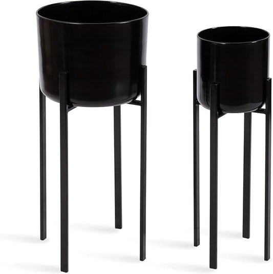 Kate and Laurel Gabi Decorative Two-Piece Metal Planters; Set of 2; Black; Modern Metal Outdoor or Indoor Plant Stands for Use as Living Room Planters or Porch Plant Stands