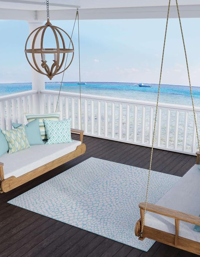 Unique Loom Jill Zarin Jill Zarin Outdoor Collection Area Rug - Cape Town (7' 10" Square, Pink and Aqua/Light Blue)