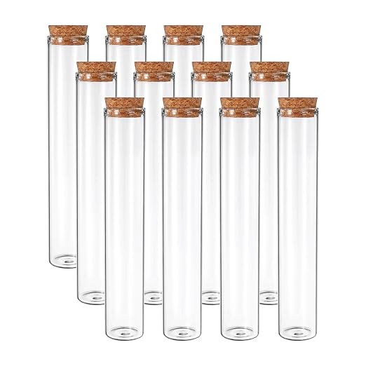 PATIKIL 90ml Test Tubes, 12pcs 6.69x1.18 Glass Clear Flat Bottom Test Tube Containers with Cork Stopper for Bead Party Candy Bath Salt Storage Scientific Experiment Plant Propagation
