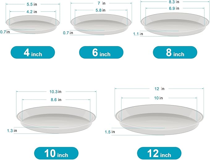 VUWEZ 6 Pack of Plant Saucer 8 Inch, 8 inch Plant Saucer Round, Plastic Flower Plant Trays for Pots, Plant Saucers for Indoors 8", Plant Pot Saucers, Planter Tray for Planter 6-8" (8", Gray)