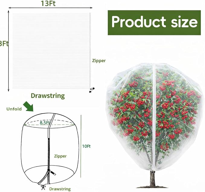1Pack 13x13ft Large Fruit Tree Netting with Zipper and Drawstring – Anti-Insect, Anti-Bird Protection for Apple, Peach, Cherry Trees and Vegetables – Ideal for Home Gardens,Small Organic Farms
