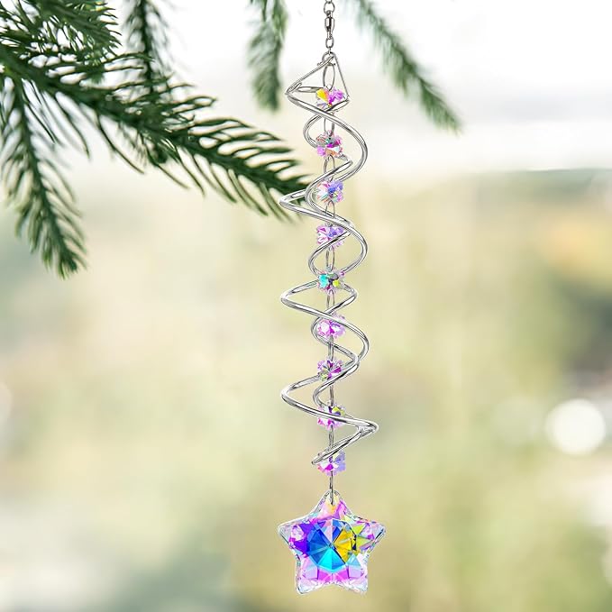21 Inch Crystal Spiral Wind Spinner Gazing Ball Suncatcher Decor | Crystal Suncatcher Spiral Gazing Ball with Rainbow Maker Hanging Wind Spinner for Window Garden Porch Christmas Decor