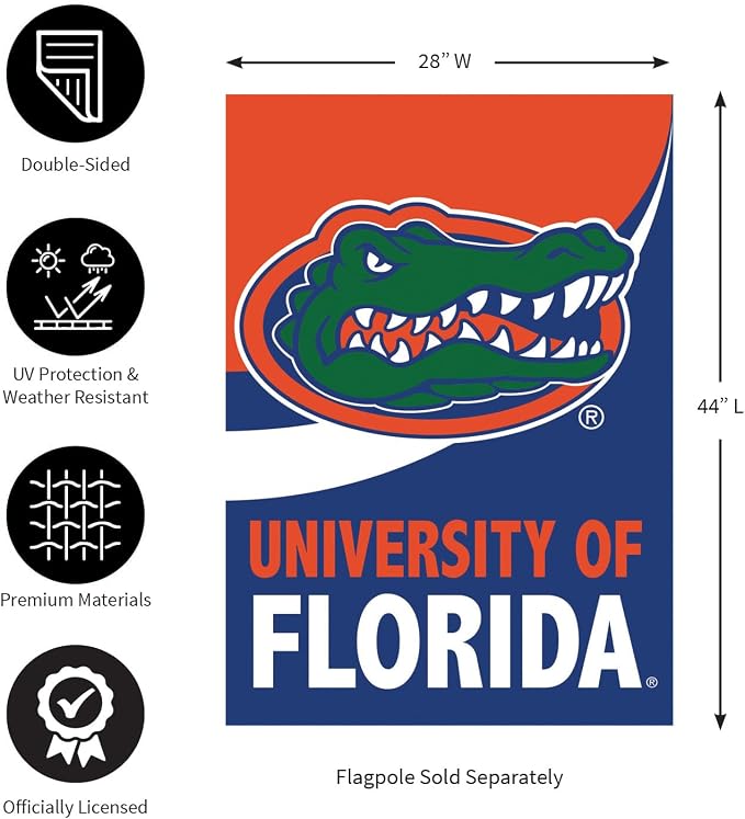 NCAA University of Florida House Flag, 28 x 44, Double Sided Garden Flags for Outside, Outdoor College Flags & Banners for Gardens Patio, Indoor Wall Decor Flag for Room