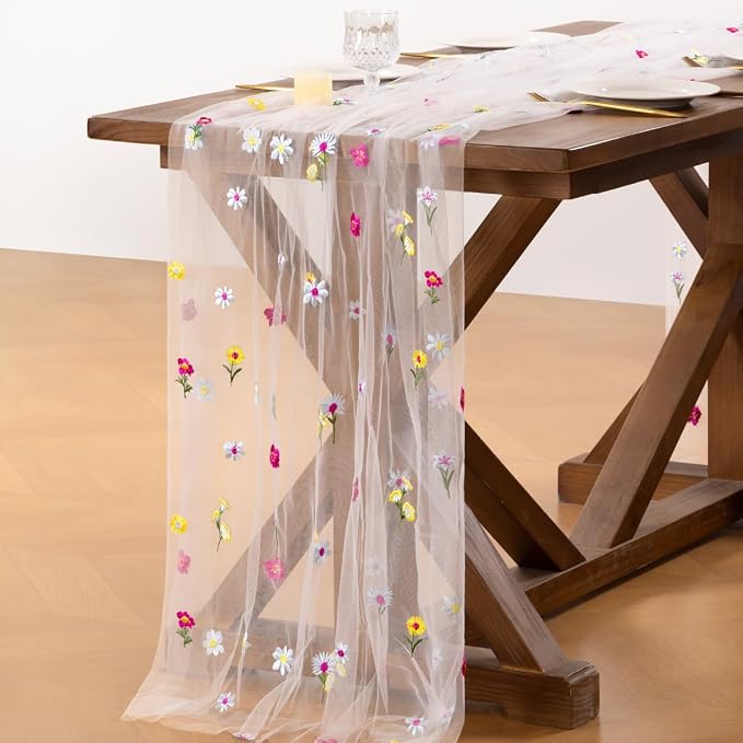 Socomi Flower Table Runner Summer Daisy Floral Tulle Gauze Cheesecloth Embroidery Table Runners for Tea Party Garden Wedding Bridal Baby Shower Birthday Picnic Decor Ivory White 3pcs