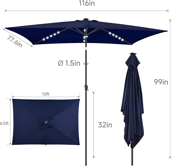 6.5x10 FT LED Lighted Rectangular Solar Patio Umbrella, Rectangular Solar Umbrella Outdoor with Center Ring Light 28 LED Lights, Rectangle Table Umbrella for Deck, Yard, Pool (Navy Blue)