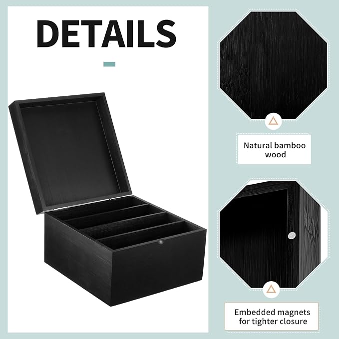 Henoyso 5 x 8 Inch Index Card Holder Set, Bamboo Organizer Box with 50 Dividers & 2 Sheets Alphabet Number Stickers File Note Holders, Holds 1200 Cards for Office Business Home Kitchen, Black
