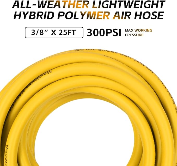MaxWorks 80787 Hybrid Air Hose – 3/8-Inch x 25-Foot, 300 PSI – All-Weather Flexible Polymer, Kink Resistant, No-Memory Lay-Flat Design with Solid Brass Fittings & Bend Restrictors, Yellow