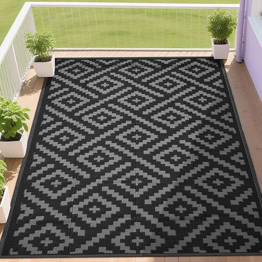 RURALITY Outdoor Rugs 8x10 Feet for Patios Clearance,Plastic Straw Waterproof Mats for Backyard,Porch,Deck,Balcony,Black&Deep Grey