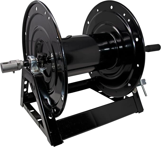 General Pump DHRA50300 3/8" x 300' Black Steel Hose Reel with Flat Sidewalls, A-frame, Pin Lock and Brake and Stainless Steel Swivel Inlet, 5000 Psi