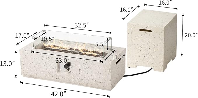 COSIEST 2-Piece Outdoor Propane Fire Pit Table Set w Tank Table, 42" Terrazzo Rectangle Fire Table (Certified, 50,000 BTU) w 16" Tank Cover Side Table, Wind Guard, Rain Cover for Garden, Pool