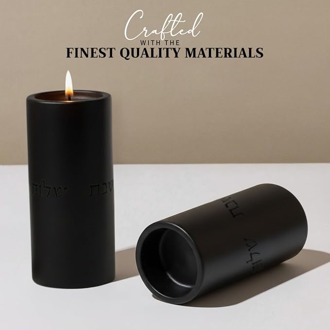 SURI Concrete Shabbat Candle Holders in Black | Jewish Judaica Gift Set with Modern Shabbat Candle Holders | Tall & Short, Ideal Shabbat Set for Tea Lights (Tealights not Included)