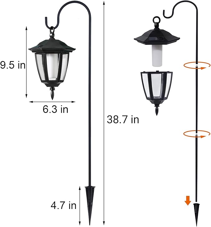 Dynaming 6 Pack Solar Halloween Flame Hanging Lights Outdoor, Flickering Flame LED Garden Lanterns with 4x38 Inch Shepherd Hooks, Landscape Lighting Waterproof for Lawn Yard Pathway Driveway, Purple