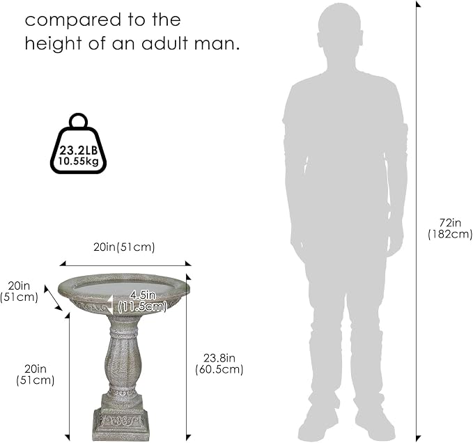 SKYFIRE 23.8" Tall Pedestal Bird Bath for Outdoor, Antique Weathered Concrete Birdbath with Decorative Carving, Durable Freestanding Fiber-Reinforced Cement Bird Bath for Garden, Patio, Lawn, Backyard
