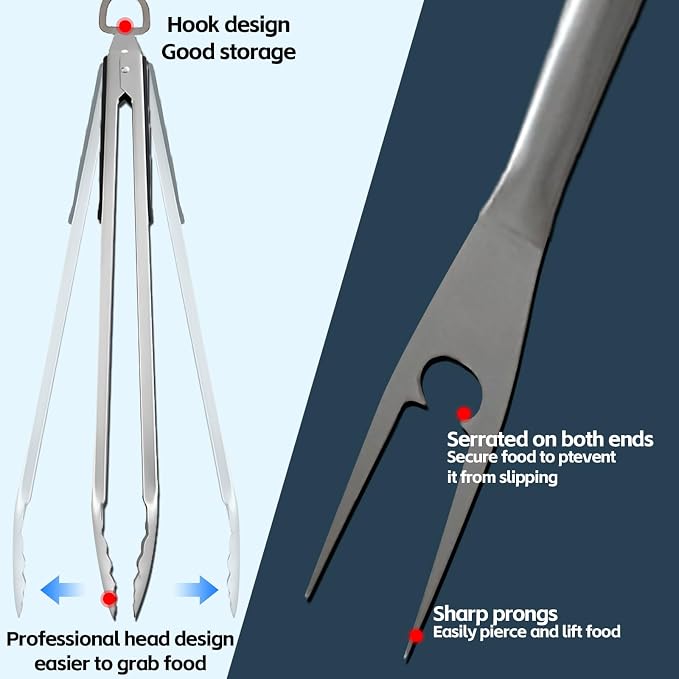 Heavy Duty Grilling Accessories Grill Tool Set 3-Piece SUS304 BBQ Utensils | Stainless Steel BBQ Utensils, Heat-Resistant Silicone Handle, Spatula, Tongs, Fork, For Outdoor Cooking