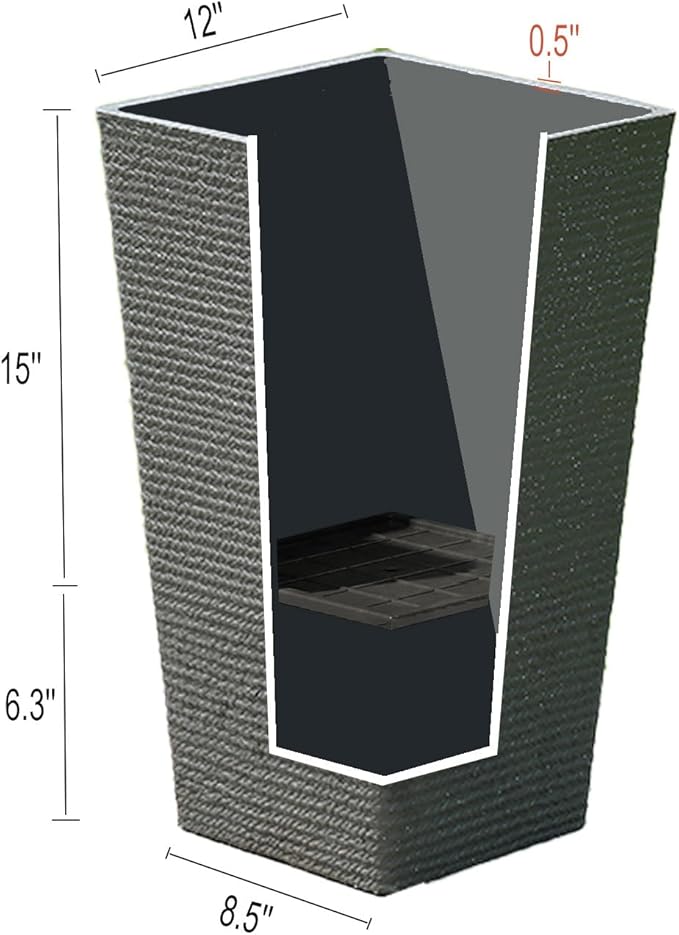 2 Sets Large Tall Black Planters Planter 21''H x 12''W | Faux Stone, Tapered Resin Plastic,For Outdoor Indoor Plants,For Porch Patio Garden Front Door,Heavy Duty,With Drainage Tray