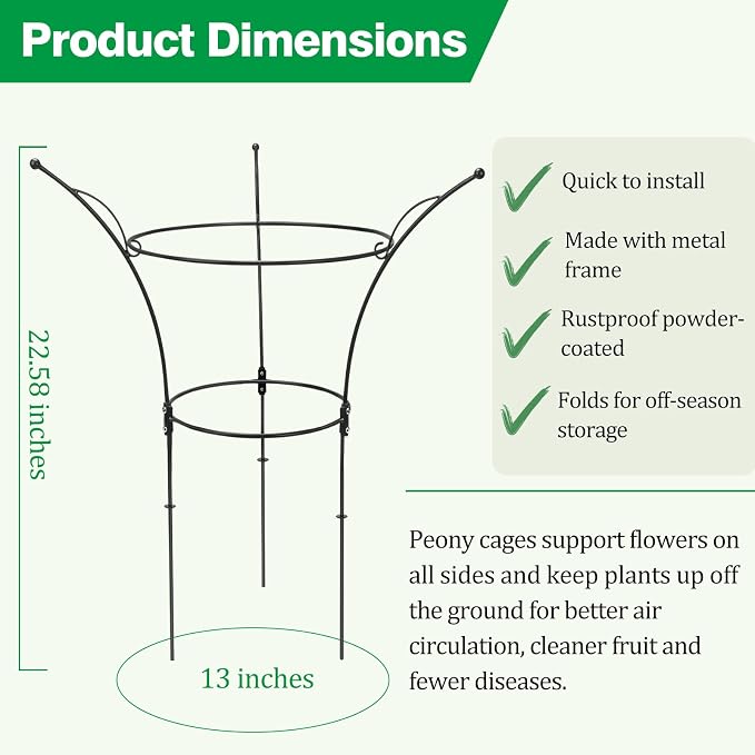 4 Pack Peony Cages and Supports Cages 13" D x 22.8" H Heavy Duty Metal Support Frame for Peonies & Roses Natural Bouquet Shape Garden Stakes for Outdoor Plants Flowers Ornamental (Black)