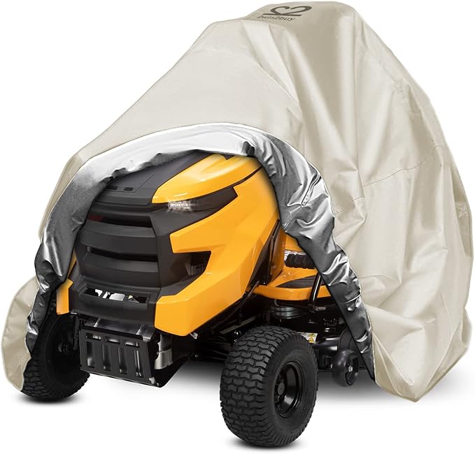 Riding Lawn Mower Cover, Heavy Duty 600D Lawnmower Covers Waterproof Outdoor Lawn Tractor Cover Tarp All Weather Ride on Mower Covers Universal Fit Decks up to 54" with Elastic Cord & Storage Bag
