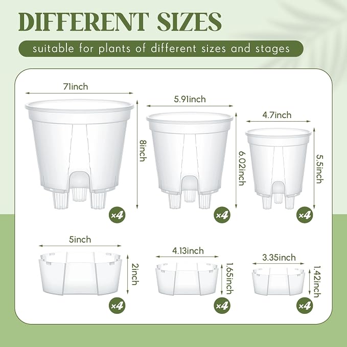 Wonderjune Self Watering Pots for Indoor Plants with Deep Reservoir and High Drainage Holes for Outdoor Plants and Flowers, Bare Root Planter(4.72'', 5.91'', 7.09'',Clear,12 Pcs)