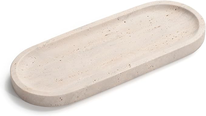 Oval Travertine Stone Tray for Jewelry, Candles, Perfume, Decorative Marble Bathroom Tray for Countertop Organizer 9.8inch x 3.9inch x 0.7inch
