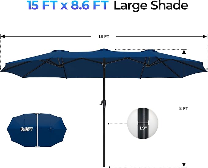 SUPERJARE 15FT Outdoor Umbrella for Patio, Double sided Pool Umbrellas with Fade Resistant Canopy, Large Table Umbrella for Deck, Market, Backyard - Navy Blue(No Base)