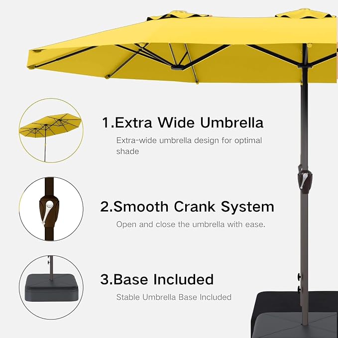 Kingdura 15ft Large Patio Umbrella with Base Included, Double-Sided Rectangle Outdoor Table Umbrella with 12 Reinforced Ribs, Crank Lift for Market Pool Deck Backyard, Yellow