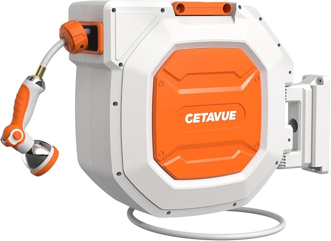 Retractable Garden Hose Reel 1/2 inch x 150 ft,Wall Mounted Heavy Duty Garden Hose Reel with 180°Swivel Bracket,Upgraded 10 Pattern Nozzle/Slow Return System(White)