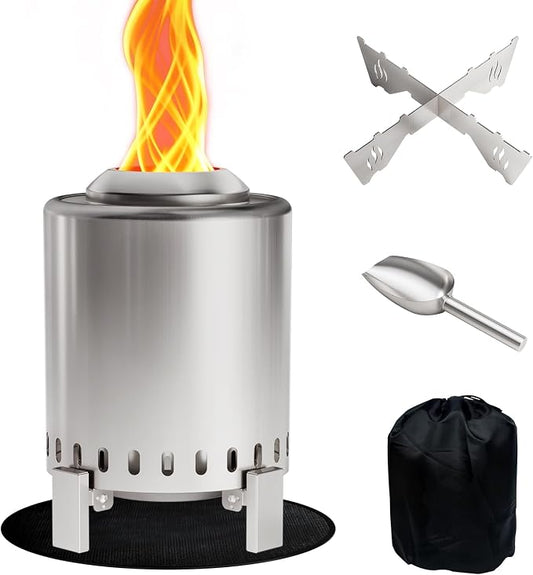 Mini Smokeless 7 Inch Tabletop Fire Pit with Pan Stand and Insulation Mat, Portable Stainless Steel Fire Pit for Camping, Patio Tabletop Firepit, Burns Wood or Pellets, Travel Bag Included, Silver