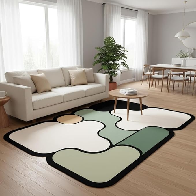 Modern Bedroom Irregular Area Rugs 9x12 Black Beige Green Geometric Pattern Odd Shaped Rug for Living Room Bedroom Nursery Farmhouse Dorm Home Office Carpets Washable Durable Thin Floor Mats