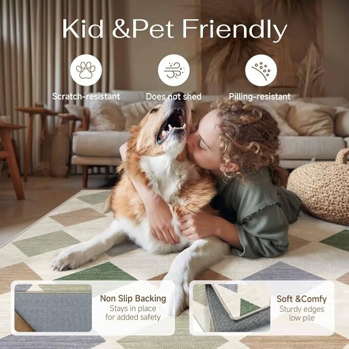 8x10 Washable Area Rug Living Room Large Non Slip Checkered Rugs | Soft, Low Pile, Easy Clean, Colorful, Diamond Pattern for Bedroom, Office, Dining Room, Kids Room, Modern Neutral Decor