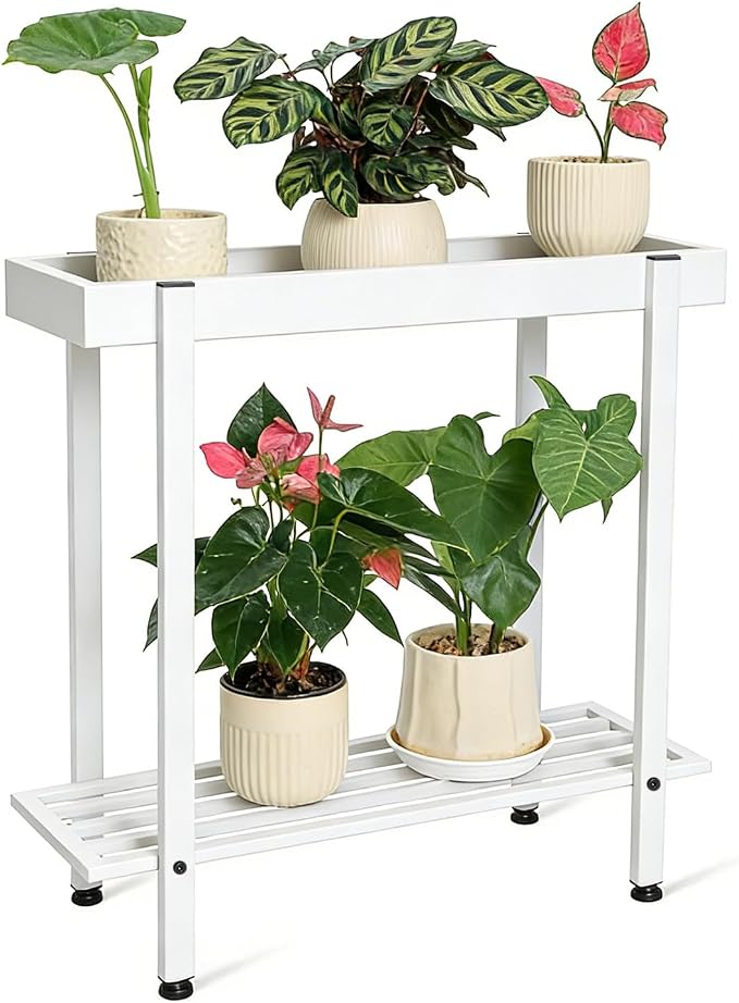 Honla Metal Plant Stand Indoor Outdoor,2 Tier Window Tall Plant Table Bench Shelf for Multiple Plants,26" L x 8.66" W x 24.40" H,White