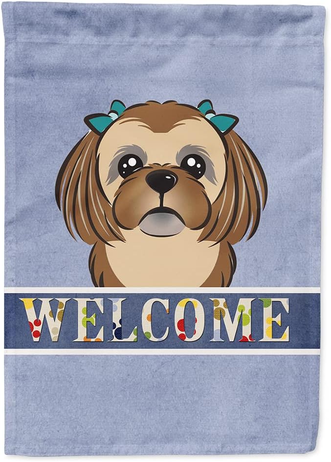 Caroline's Treasures BB1435CHF Chocolate Brown Shih Tzu Welcome House Flag, Blue Large Porch Sleeve Pole Decorative Outside Yard Banner Artwork Wall Hanging, Polyester, House Size, Multicolor