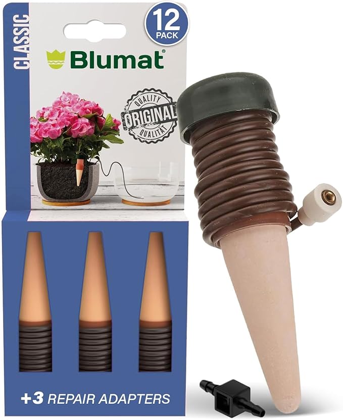 Blumat Classic Self-Watering Stakes - Prevents Overwatering and Underwatering for Healthy Growth While You are Away - Ideal for Indoor Plant Watering, 12 Pack, w Adapter