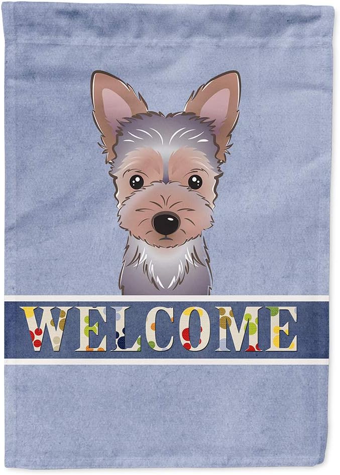 Caroline's Treasures BB1418CHF Yorkie Puppy Welcome House Flag, Blue Large Porch Sleeve Pole Decorative Outside Yard Banner Artwork Wall Hanging, Polyester, House Size, Multicolor