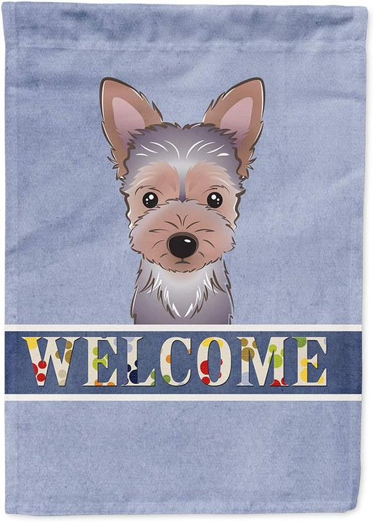 Caroline's Treasures BB1418CHF Yorkie Puppy Welcome House Flag, Blue Large Porch Sleeve Pole Decorative Outside Yard Banner Artwork Wall Hanging, Polyester, House Size, Multicolor
