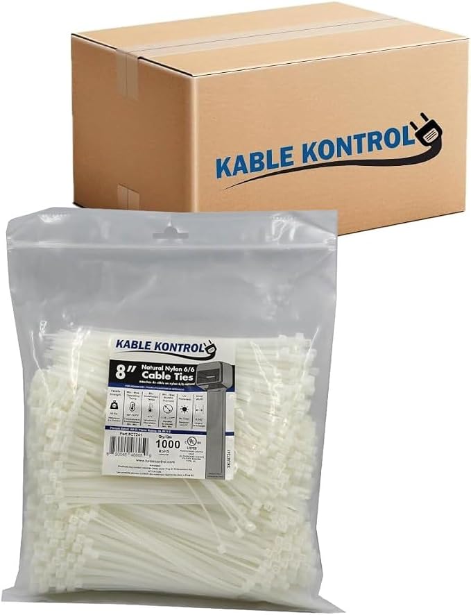 Kable Kontrol Cable Zip Ties Natural White 17,000 Pcs 8 Inch, 40 Lbs Tensile Strength, Bulk Pack, Self-locking Natural Nylon Clear Plastic Wire Ties wraps for Indoor or Outdoor Use