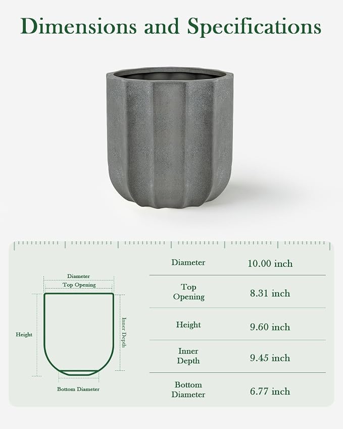 10 Inch Plant Pot – Ceramic Planter with Drainage Hole & Removable Drain Plug, Decorative Flower Pot for Indoor Outdoor Plants, Modern Round Large Planter, Grey