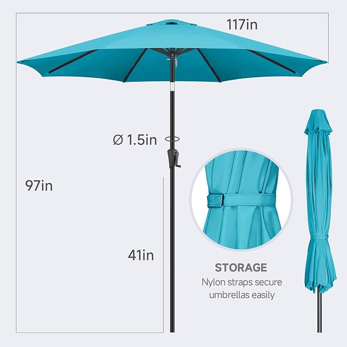 FLAME&SHADE 10ft Patio Umbrella - Outdoor Umbrella with Push Button Tilt and Crank for UV Protection, Table Market Umbrella for Garden, Deck, Backyard, Pool and Beach(Aqua Blue)
