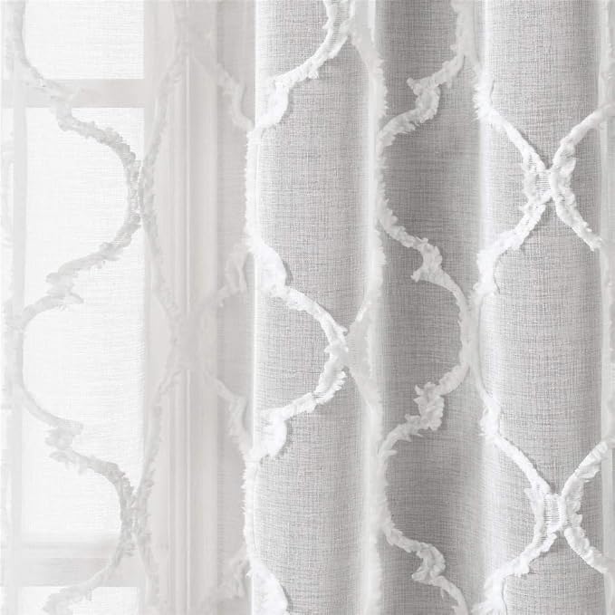 Lush Decor Avon Trellis Grommet Sheer Window Curtain Panels Pair 38" W x 84" L White - Sheer Curtains for Living Room - Modern Farmhouse Bedroom Curtains