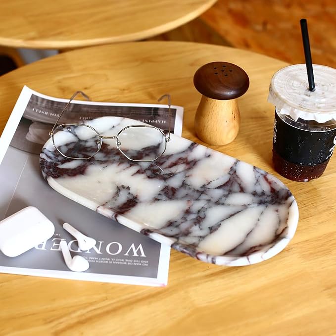 DUANYAN Natural Marble Tray, Coffee Table, Food, Fruit, Paper Cup, Cake Display, Coffee bar, Family Gatherings, Seasonal Holiday Decoration Tray(Viola-oval-11 x5 x0.7)