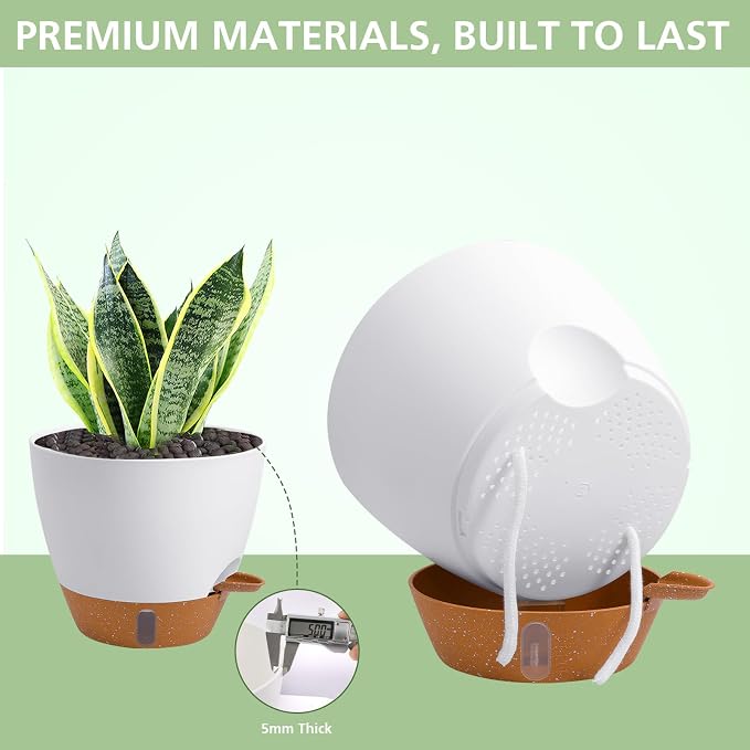 Self Watering Pots with Water Level Indicator, 12" 10" 9" 8" Large Plastic Flower Pots with Mesh Drainage Hole and Removable Saucer Reservoir for Indoor Outdoor Plants (White)