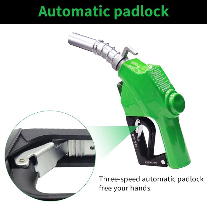 1" Inch NPT Green Automatic Fuel Nozzle Heavy Auto Shut-Off Aluminum Alloy Diesel Petrol Fuel Transfer Pump Nozzle W/Three Notch Hold Open Clip The Max Flow Rate 32 GPM Not for gravity tank