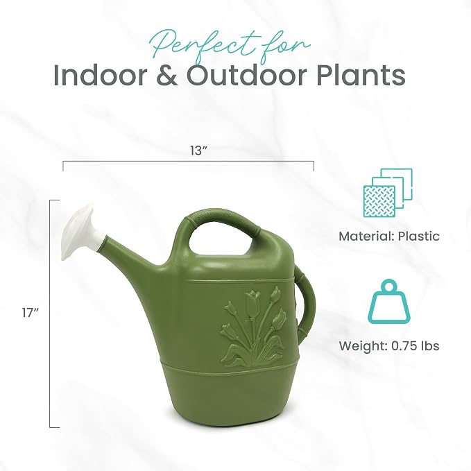 Union Products 63068 2 Gallon Plastic Indoor/Outdoor Watering Can w/Tulip Design for Garden, Potted Plants, & Patio Pots, Sage Green