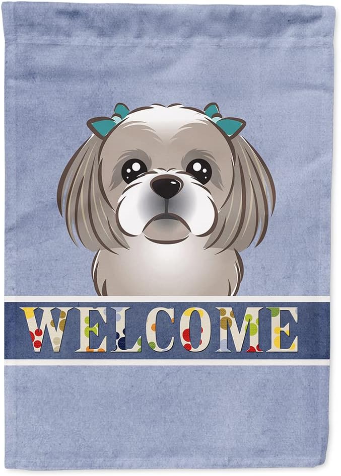 Caroline's Treasures BB1436CHF Gray Silver Shih Tzu Welcome House Flag, Blue Large Porch Sleeve Pole Decorative Outside Yard Banner Artwork Wall Hanging, Polyester, House Size, Multicolor