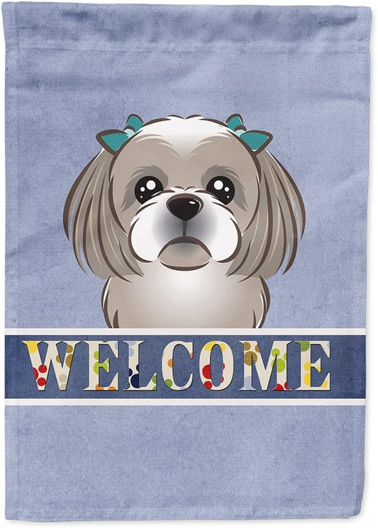 Caroline's Treasures BB1436CHF Gray Silver Shih Tzu Welcome House Flag, Blue Large Porch Sleeve Pole Decorative Outside Yard Banner Artwork Wall Hanging, Polyester, House Size, Multicolor